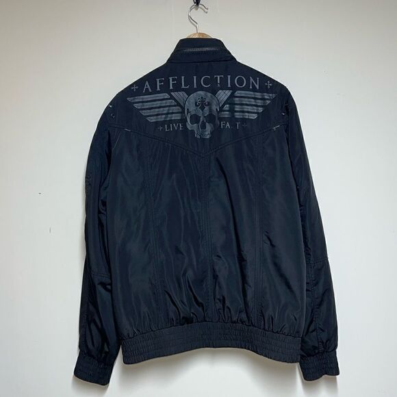 Affliction Mens Black lined Bomber Skull Moto Jacket Live Fast Sz XL - Picture 5 of 10